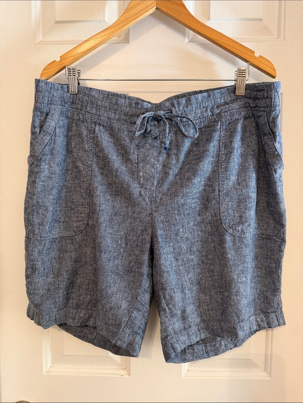 Talbots Heathered Denim-Blue Linen-Blend Drawstring Shorts size 14